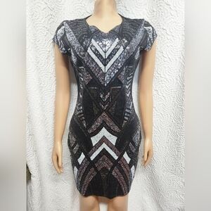 Express Black and Silver Bodycon Mini Dress V-Neck Short Sleeve